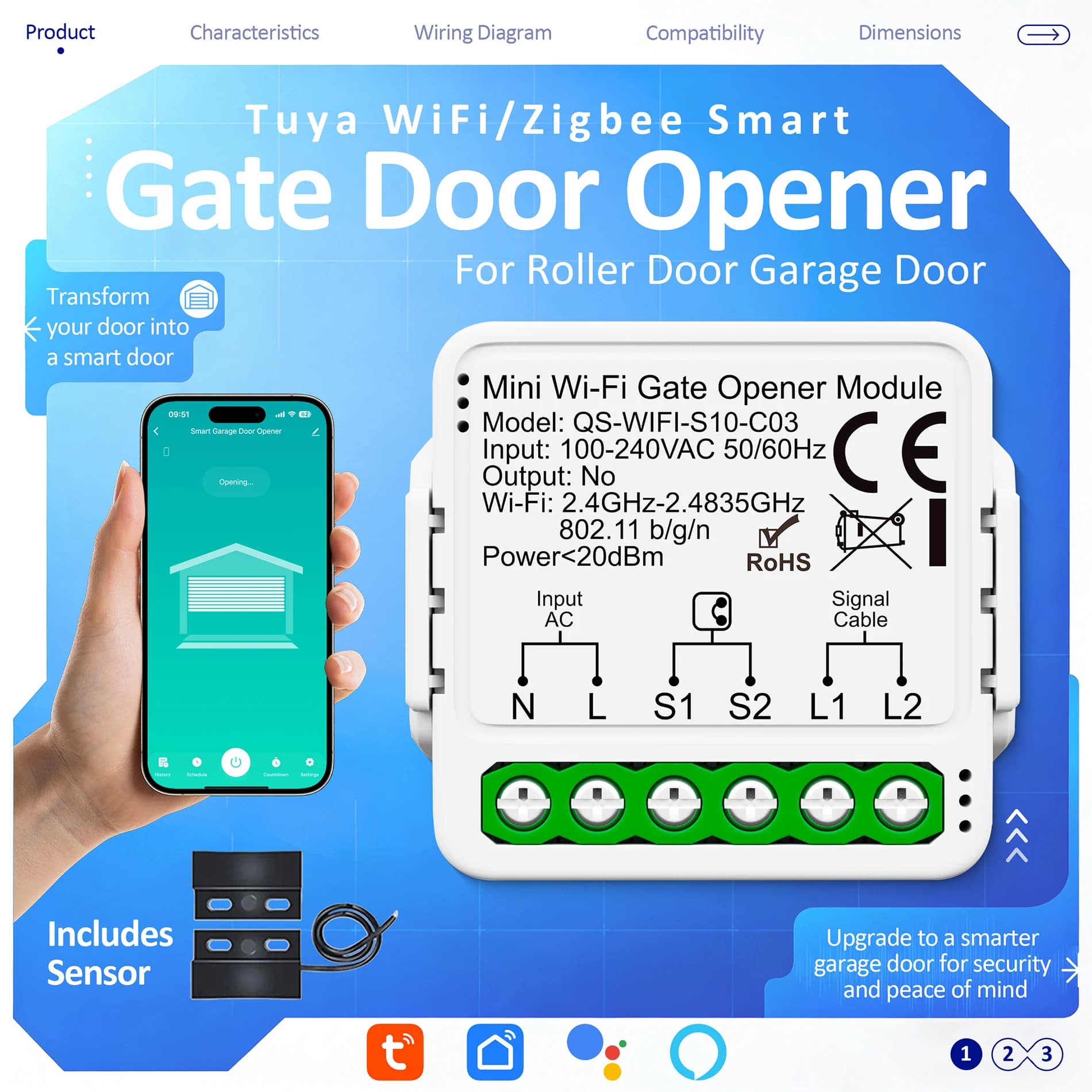 Tuya Smart Life Garage Door Sensors, Slide Opener with App, Timer, Alexa Vocal Control and Google Home