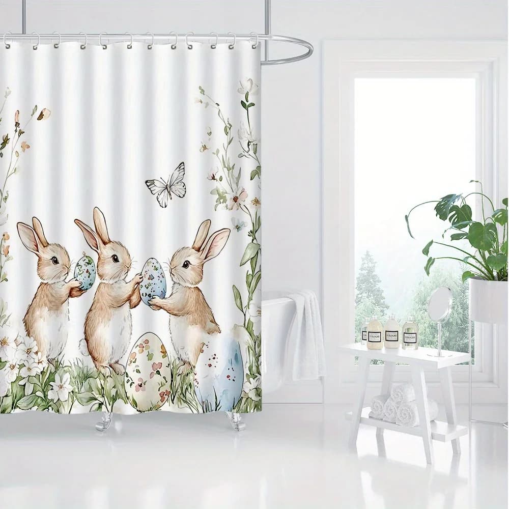 Tenda da doccia pasquale - Poliestere stampato digitale, fiori e coniglietto dipinti a mano con uova, decorazioni per interni
