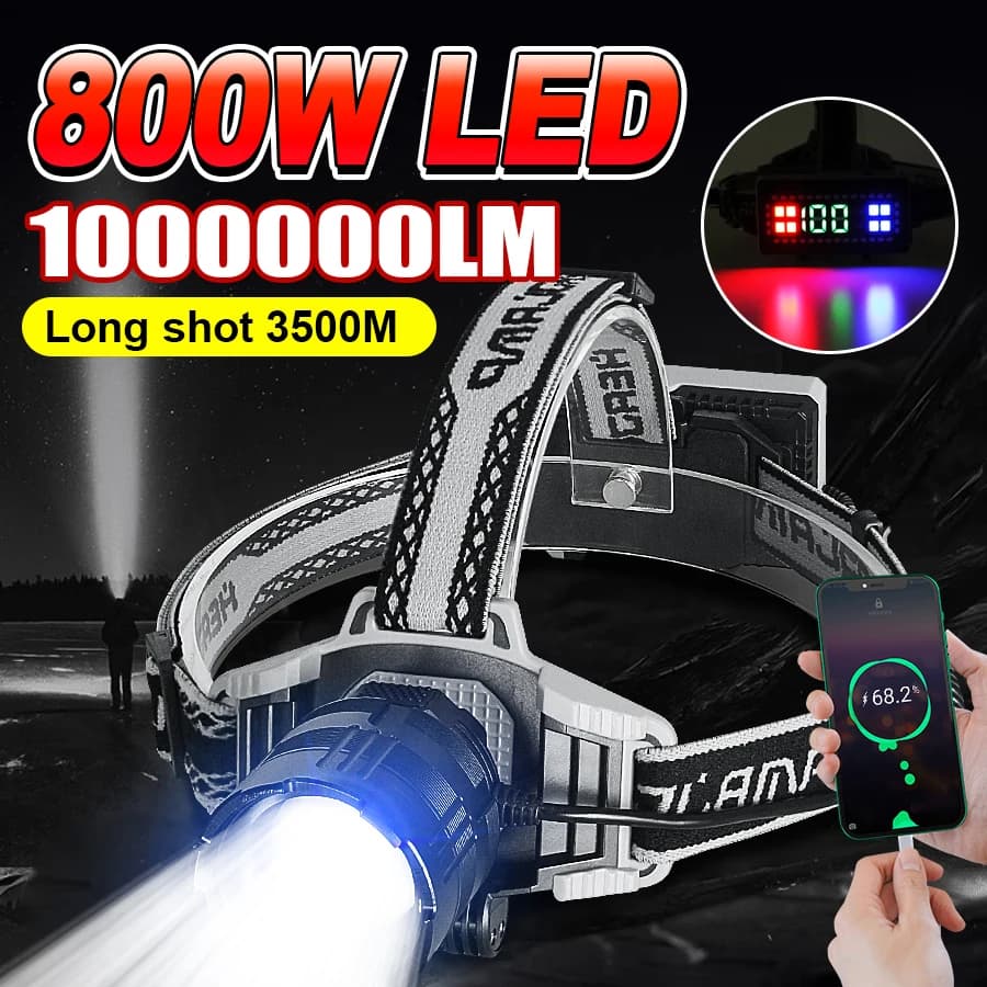 1000000LM Potente lampada frontale a LED a lungo raggio 800W Faro ricaricabile USB Torcia esterna ad alta potenza Lampada frontale Luce da pesca