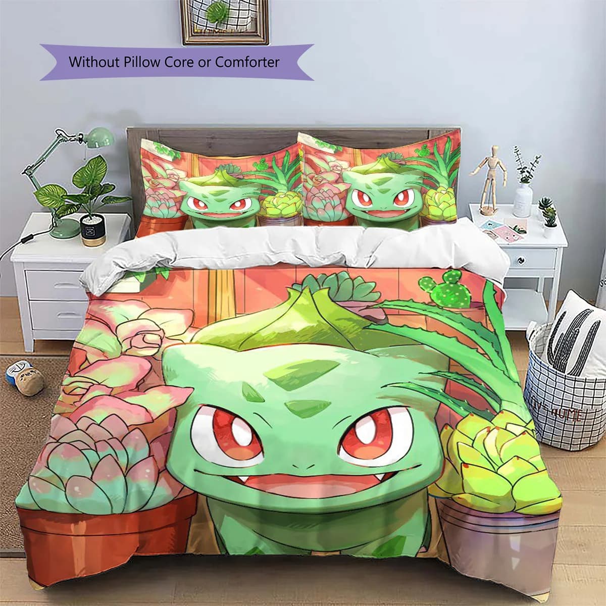 Bulbasaur Patterned Pillowcase & Duvet Cover Set Anime Character Themed Bedding for Bedroom Decor Gift for Anime Fans.-TING