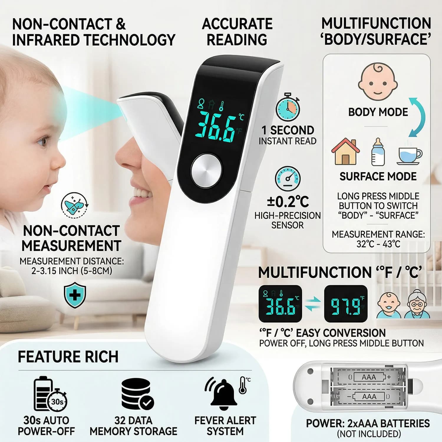 Termometro frontale medico a infrarossi senza contatto con display LCD per febbre, per bambini e adulti