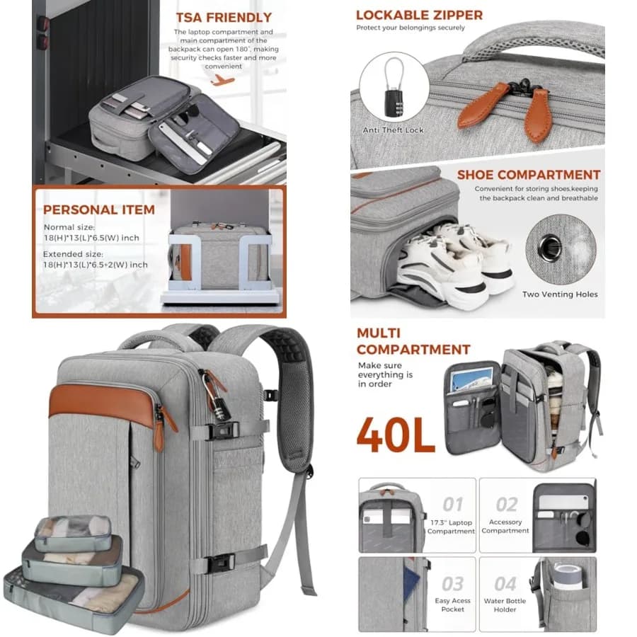 Zaino da Viaggio Approvato per il Trasporto Aereo 18x14x8 con 3 Cubi Organizzatori, Borsa da Viaggio Espandibile Grande 40L Adatta per Laptop da 17.3 Pollici