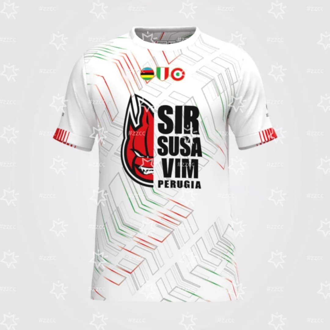 Official Maglia Pre-Partita Bianca SIR SUSA VIM PERUGIA 24-25, Summer Volleyball T-Shirt, Men's Sports T-Shirt, Children's Clothing