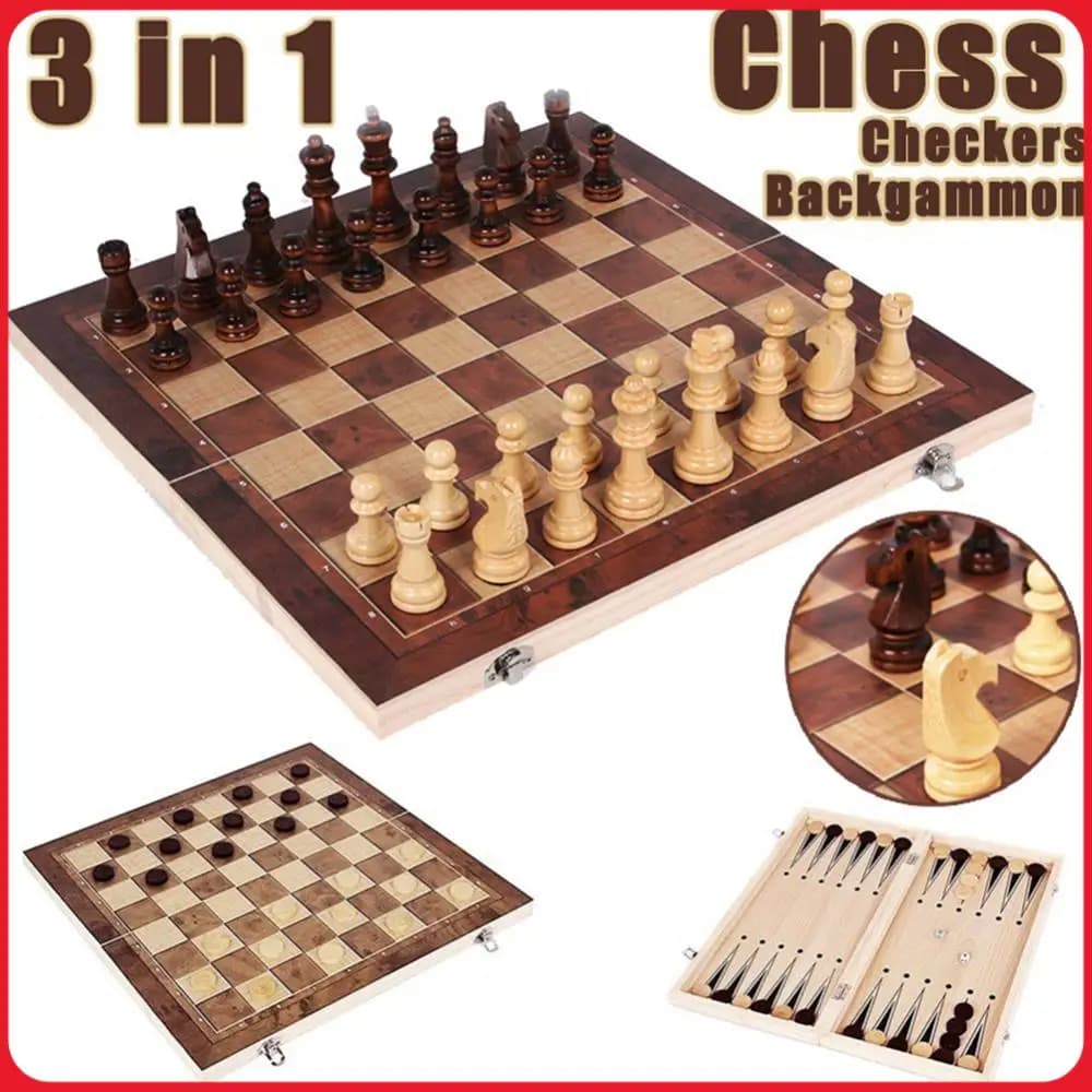 Set di Scacchi 3 in 1 Pieghevole con Scatola in Legno, Set di Scacchi da Viaggio per Giochi da Tavolo