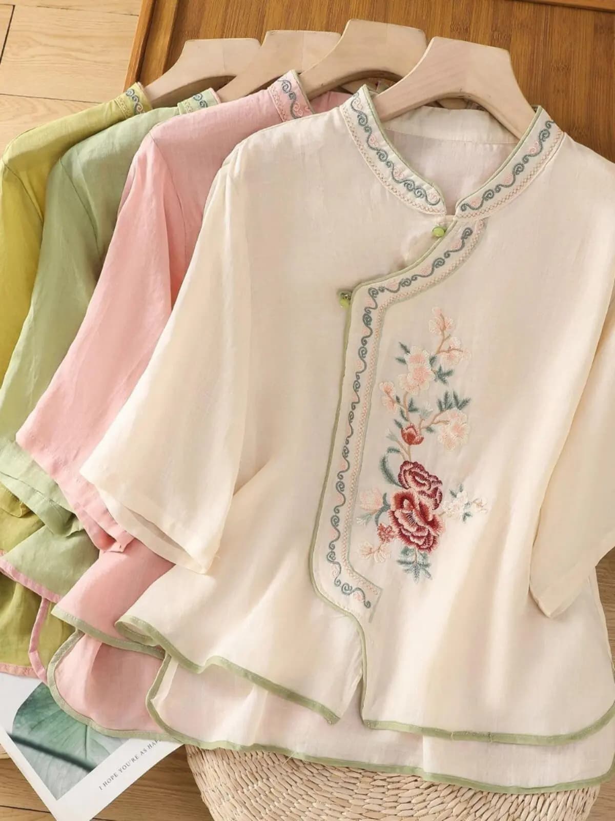 Chinese Style Retro Embroidery Summer Linen Cotton Blouse Women Frog Button Stand Collar Oblique Front Tea Hanfu Tops CN-305
