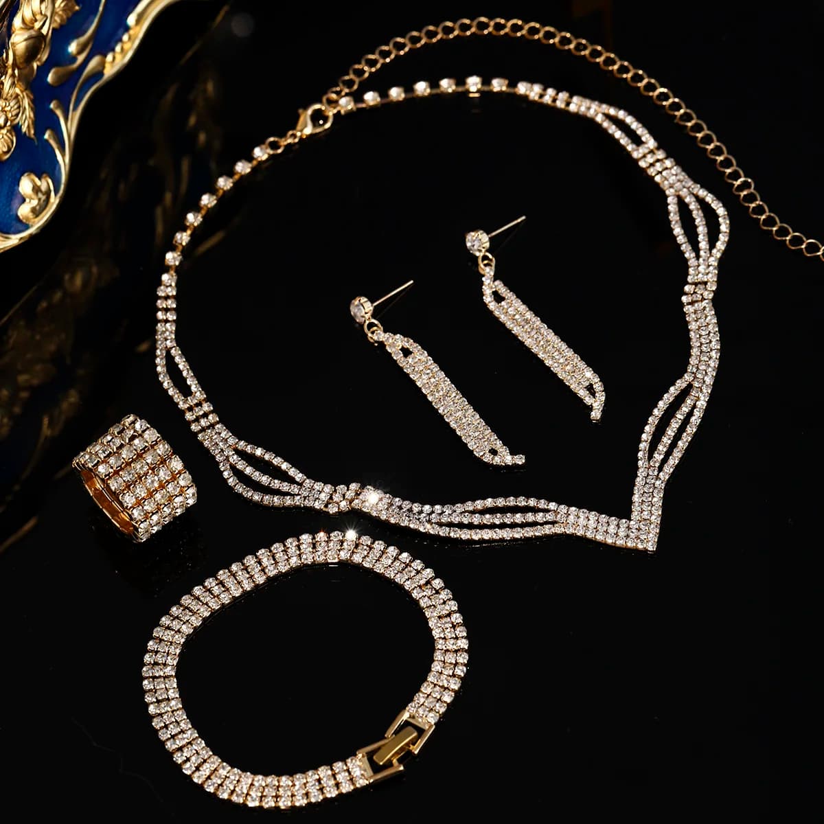 5PK/SET Classic Rhinestone Necklace Earrings Bracelet Ring Jewelry Sparkling Tassel Triple Layers Necklace Festive Accessories