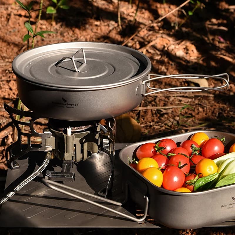 Boundless Voyage titanium non-stick pan with lid, 8 inch outdoor camping pan, folding handles with titanium plate