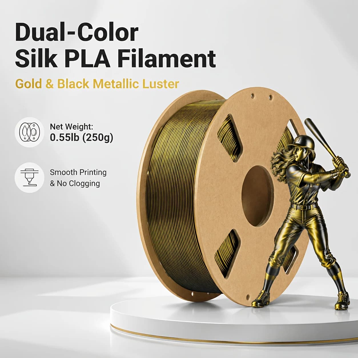 Dual-color Silk PLA Filament for 3D Printers, 1.75mm, 200/250/500/1000g,Black-Gold / Black-Green dual color