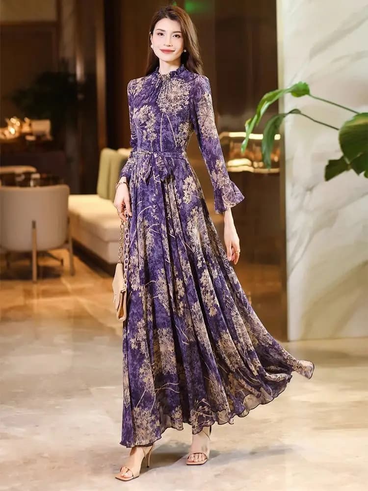 Women Clothes Sweet Chiffon Print V-Neck Slim Long Dress Elegant Fashion Party Prom Vestidos Robe Spring Summer New Dress TS908