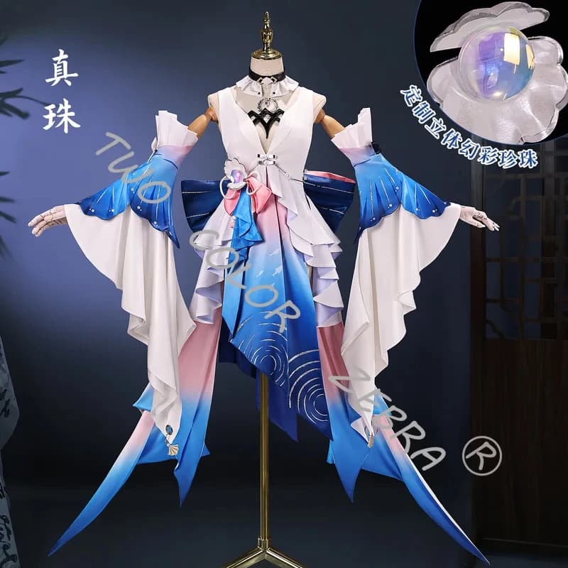 A;3\v,7'd/Game Honkai: Star Rail Pearl Cosplay Costume Women Blue Gradient Dress with Ruffles Wig Full Set Halloween Cw.3;v'6\b/