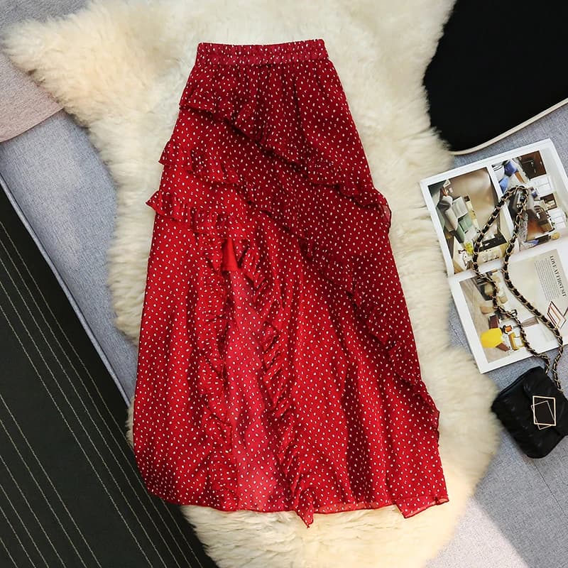 Seoulish Fashion Red Polka Dot Irregular Layered Skirts for Women Elegant A Line Cake Long Skirt Streetwear