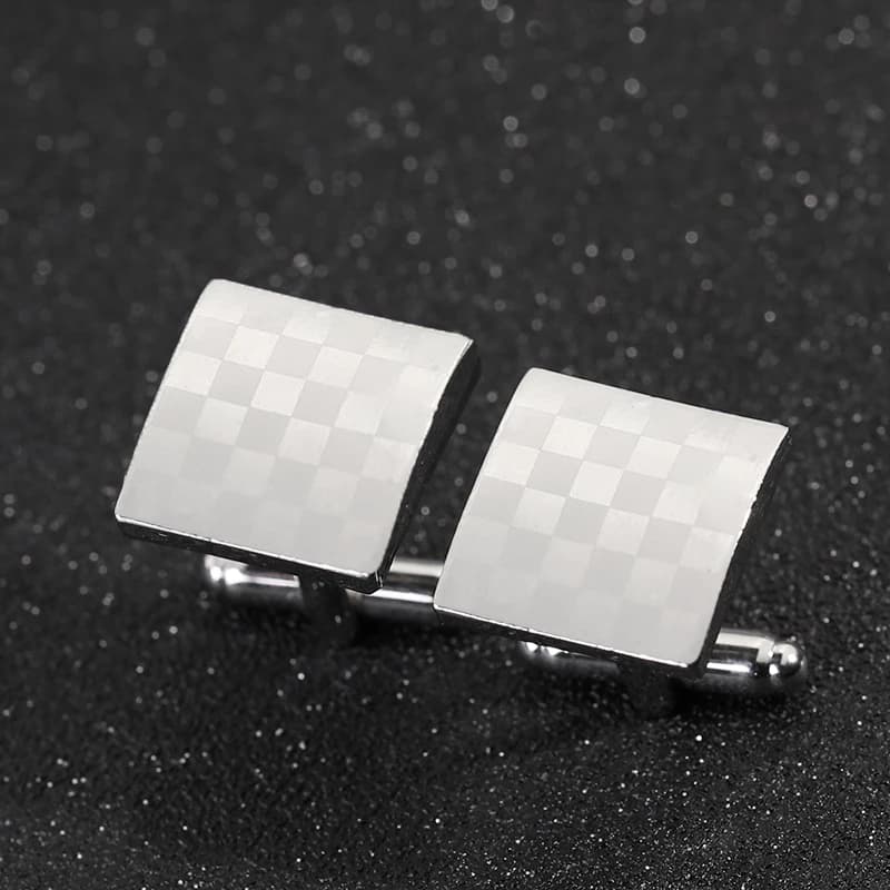 Classic Mens Laser Engraving Grid Design Cufflinks Grooms Shirt Suit Tuxedo Blouse Plaid Pattern Square Cuff Button