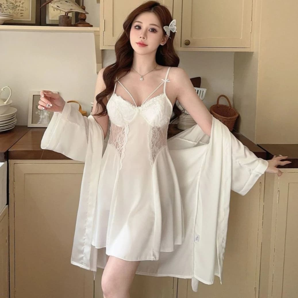 Twinset Lace Sleepwear Nightgown Kimono Bathrobe Suit Women Robe Set Summer Silky Satin Nightwear Dressing Gown Loungewear