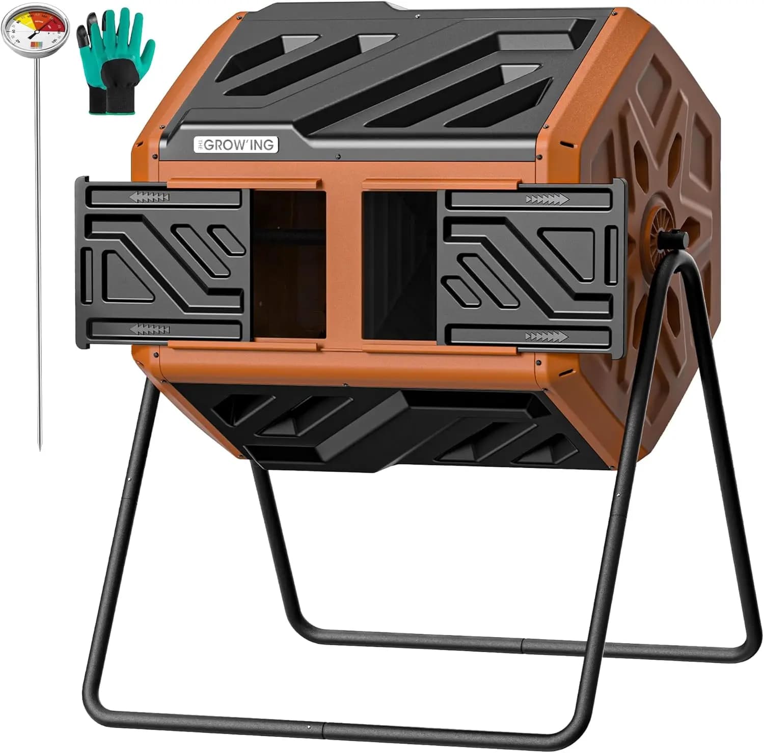 Composter a Doppia Camera da 43 Galloni con Termometro, Composter Rotante da Esterno per Giardino e Cortile, Arancione