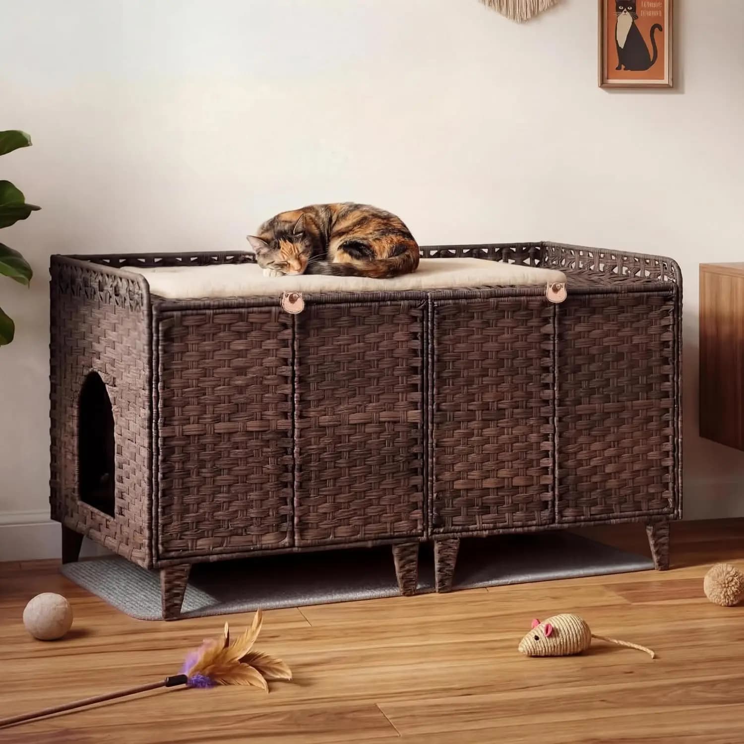 Cuccia Doppia per 2 Gatti, Mobiletto in Rattan Nascosto con Tappetino Lettiera, 2 Ganci e Porte, Grande Cuccia per Gatti, Facile da Pulire