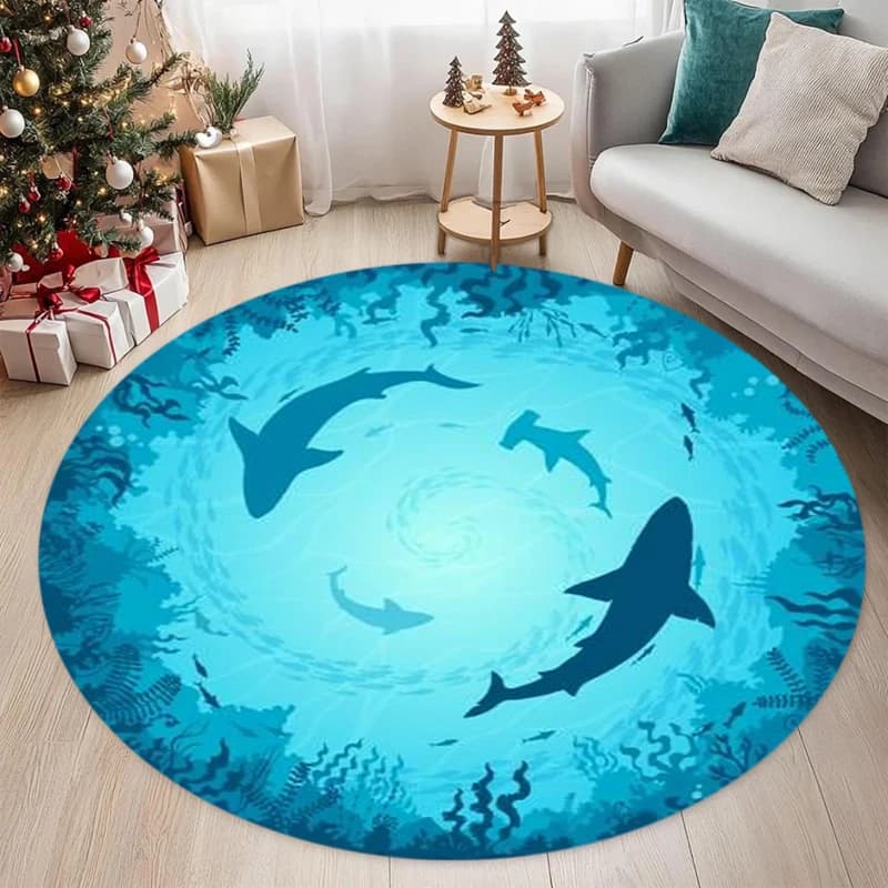 Tappeto Rotondo con Stampa Silhouette di Squalo Blu Oceano, Morbido Tappetino Antiscivolo Subacqueo, Decorazione Nautica per Casa, Moquette per Soggiorno