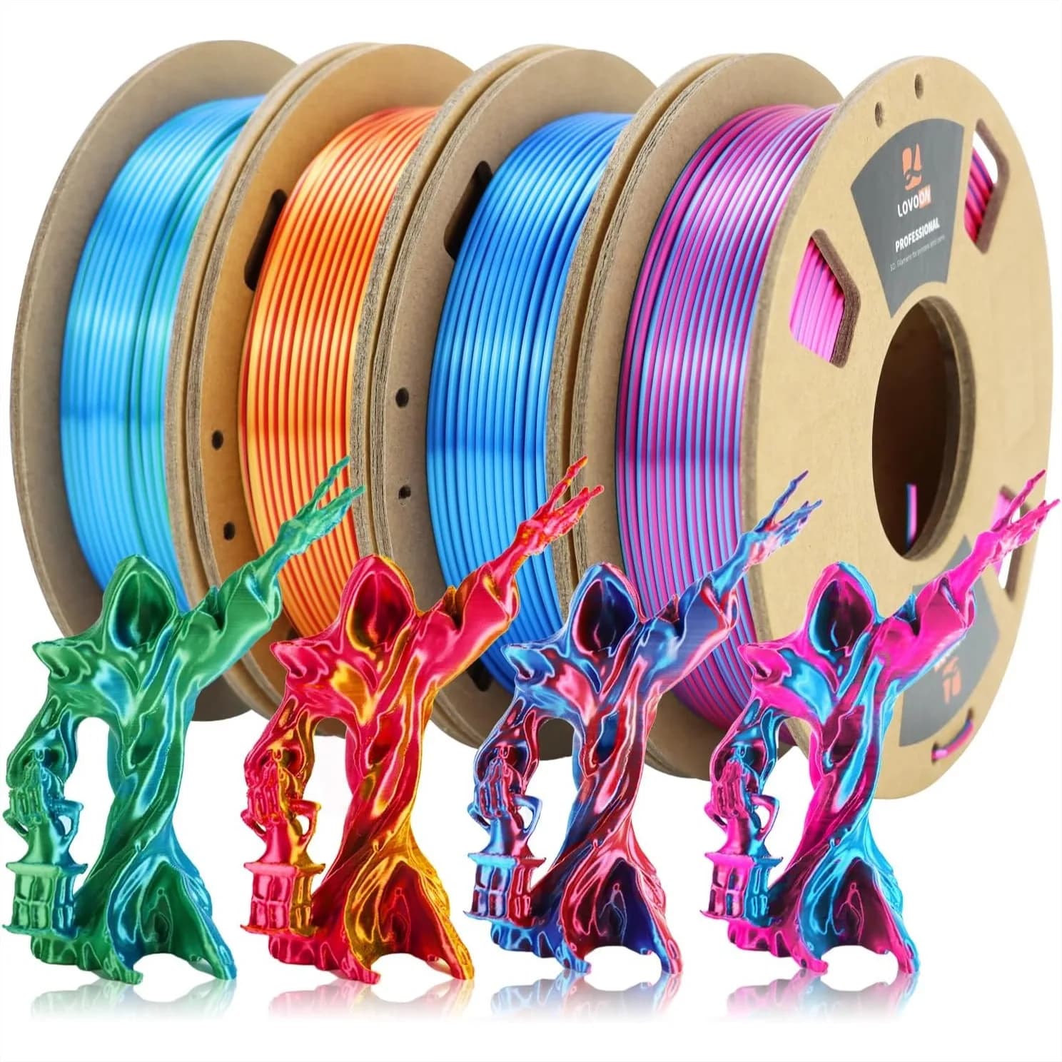 Filamento PLA 3D 1.75mm, Confezione Bicolore in PLA Effetto Seta per Penna 3D, Precisione Dimensionale +/-0.02mm, 200g x 4 Bobine