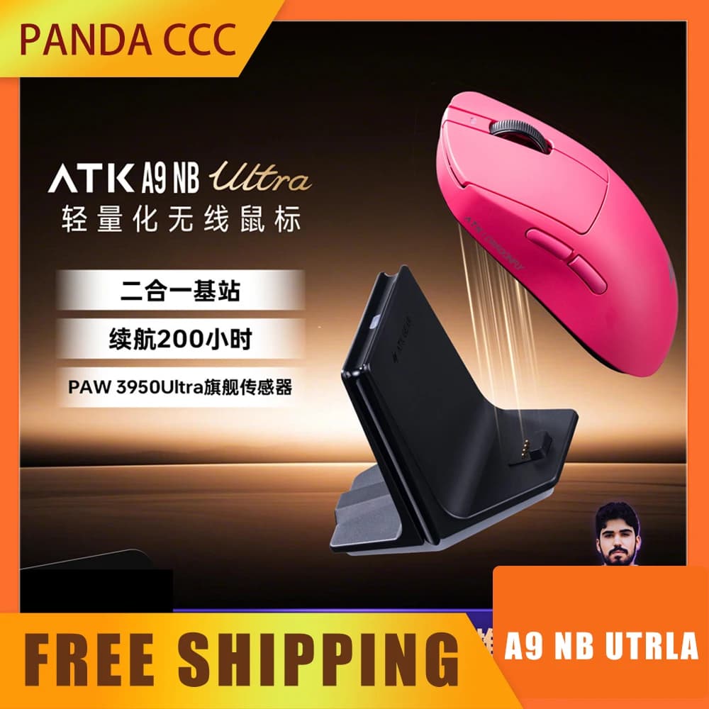 Mouse da Gaming Wireless ATK A9 NB Ultra Leggero, PAW3950Ultra 8KHZ 750IPS 800mAh, per Esports con Base Ultra-Leggera 2-in-1