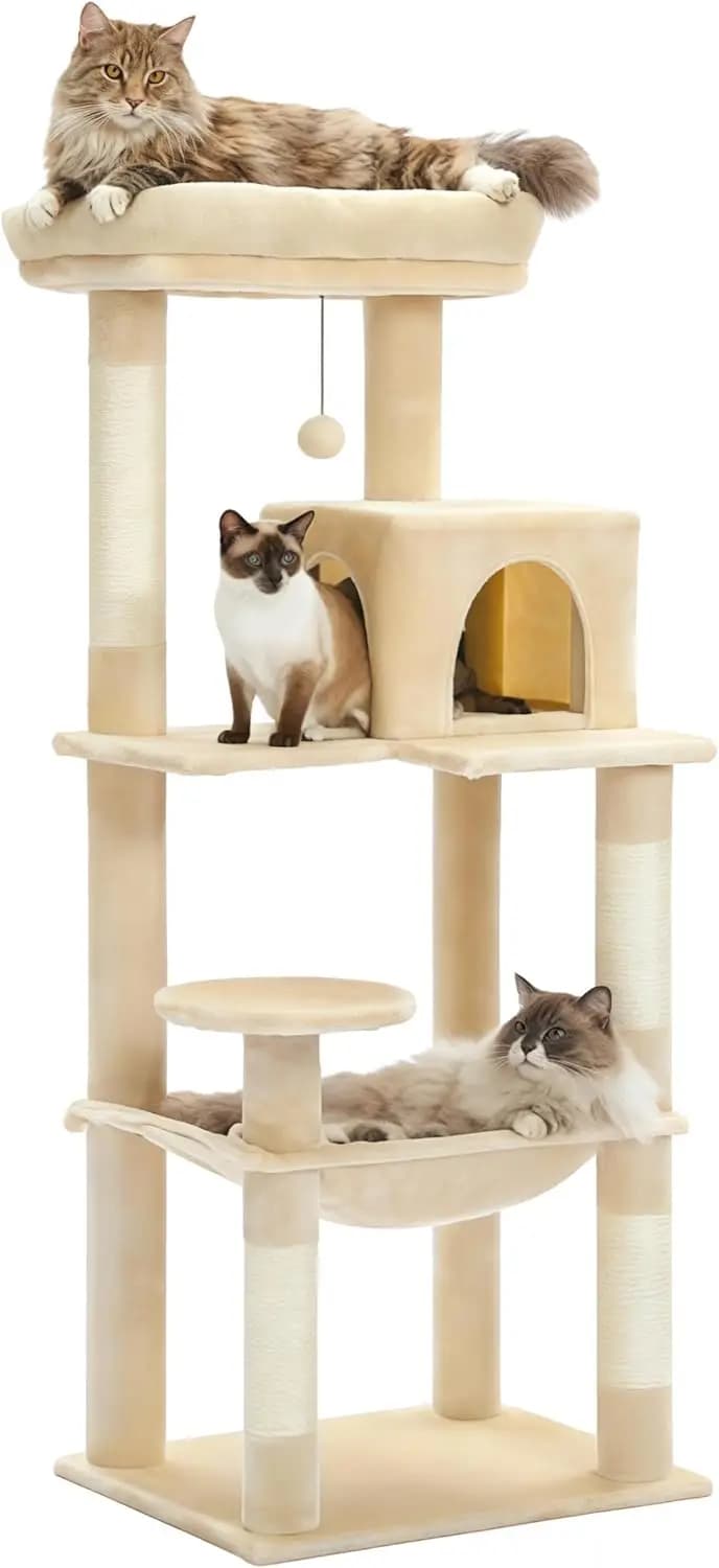 Albero per Gatti di Grandi Dimensioni da 143 cm, Torre a 6 Livelli con Cuccia, Amaca e Tiragraffi, Beige