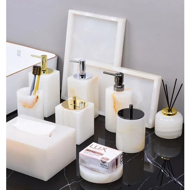 White Onyx Natural Marble Bathroom Accessories Set Minimalist Soap Dispenser Cotton Swabs Container Bathroom Set