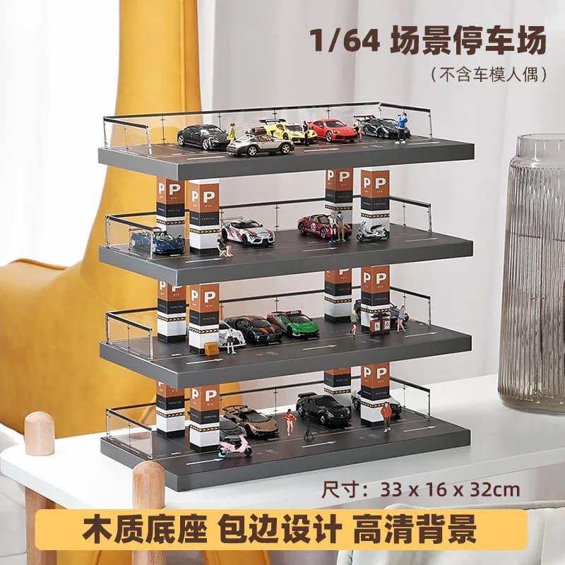 Parcheggio all'aperto simulato in scala 1/64 Armadietto portaoggetti per collezione di scene in acrilico a quattro piani per esposizione di figure di modello di auto 1:64