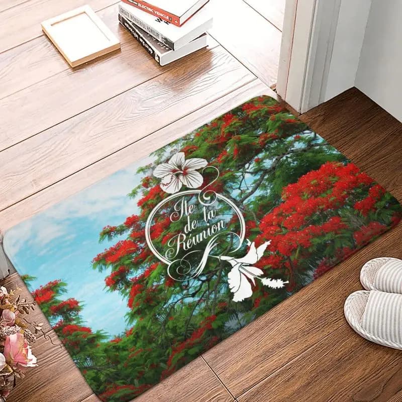 974 Reunion Island Flamboyant Floor Door Kitchen Mat Bathroom Anti-slip Outdoor Flowers Model zerbino wc Entrance Carpet