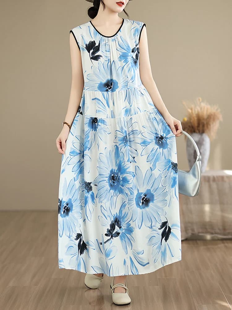 New Summer Thin Silk Korean Style Women's Dress Breathable Moisture Wicking Home Sleeveless Nightgown Skirt High Waist Print