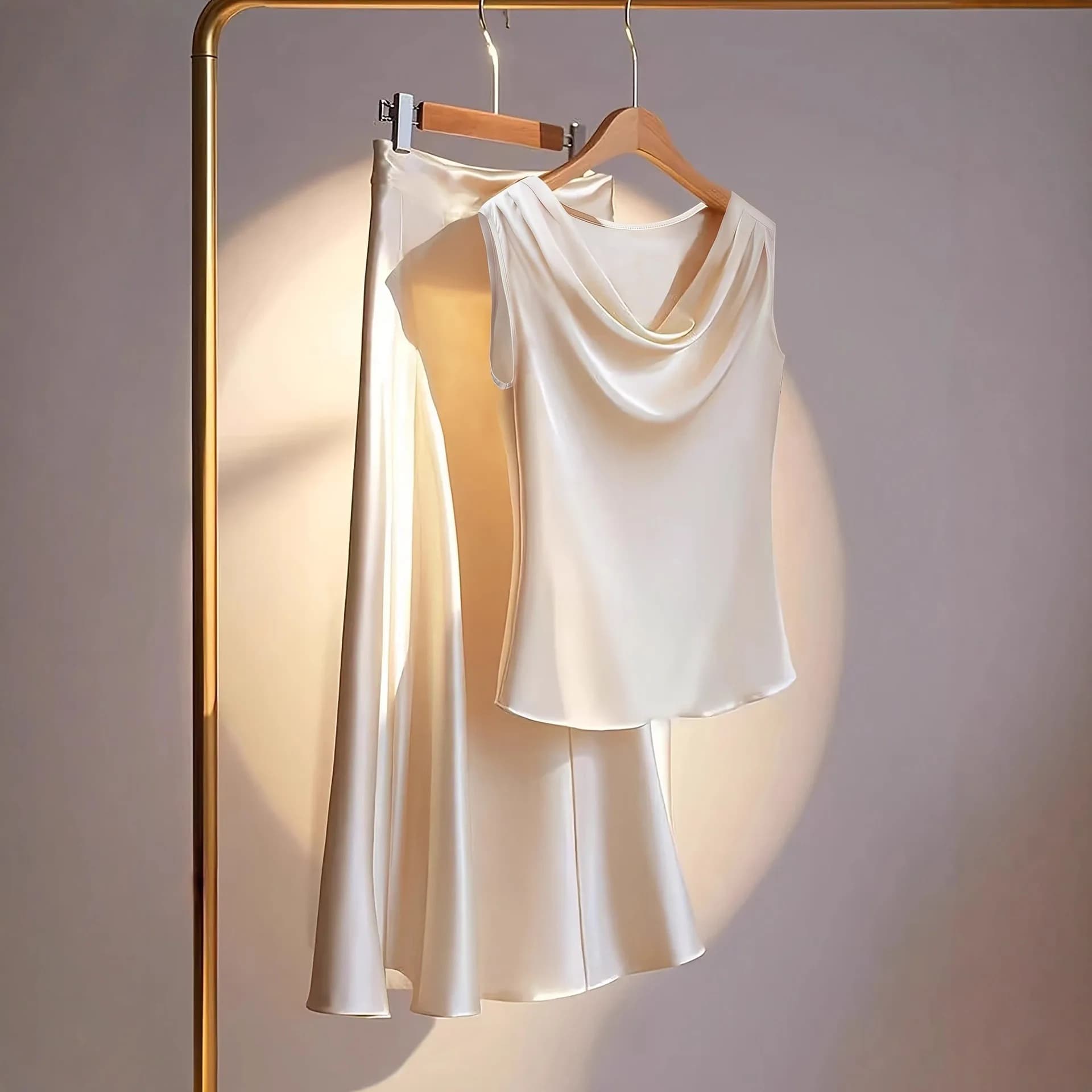 Women's satin finish in two pieces: top without sleeves with hood collar and matching long skirt, set coordinated with satin blusa and midi skirt for woman