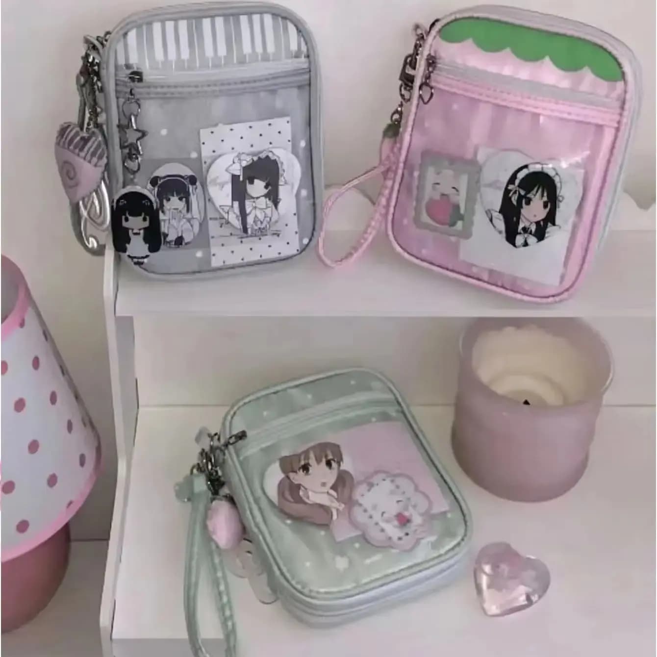 Multi functional storage wallet, transparent window for displaying anime badges/photo cards, cute girl style storage bag