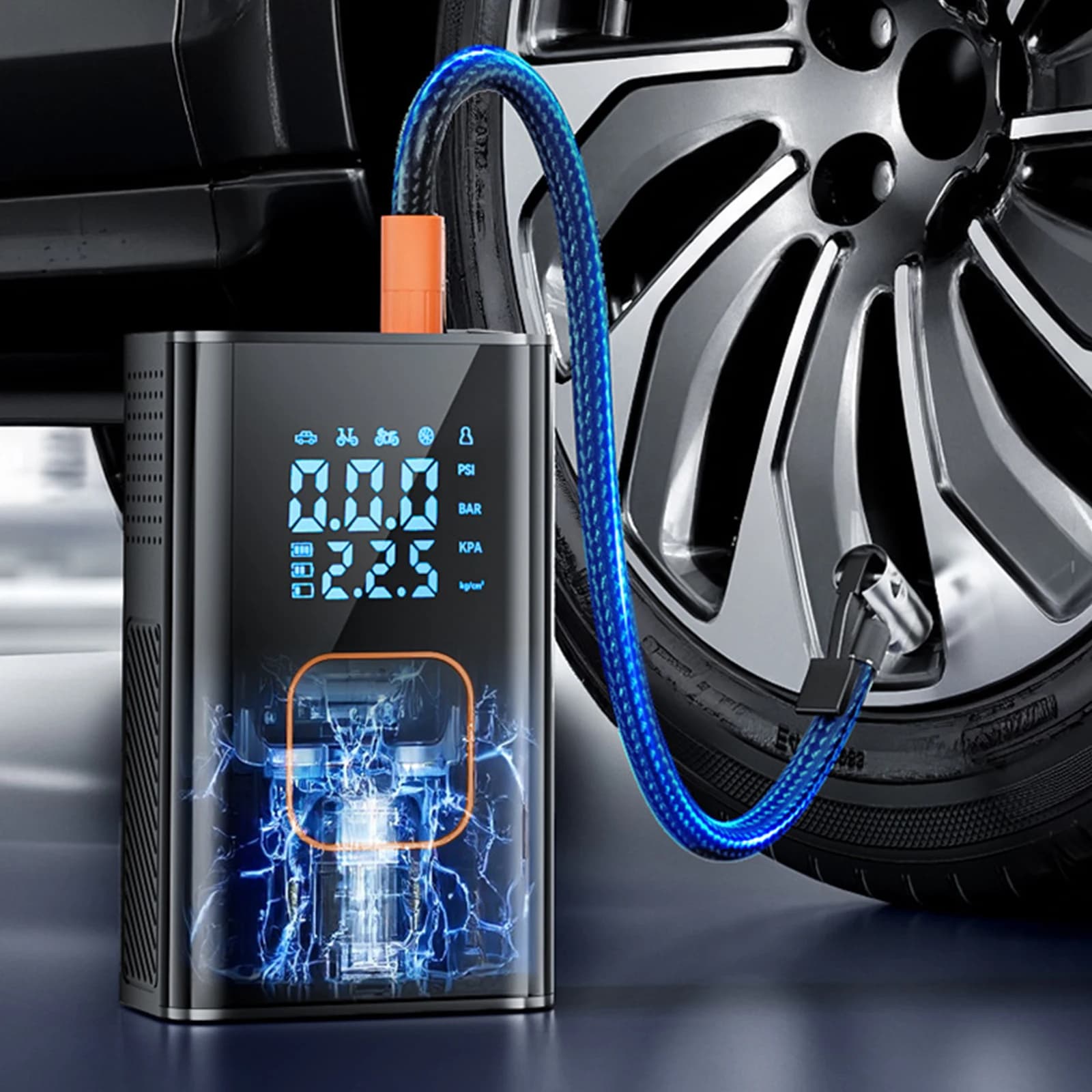 Compressore d'Aria Portatile con Manometro Digitale, Mini Pompa per Bicicletta Senza Fili con Batteria Ricaricabile per Auto, Camion, Biciclette e Palloni