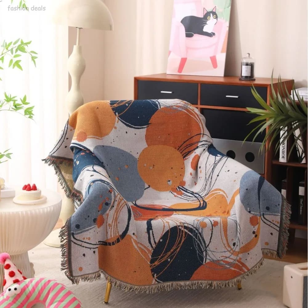 Copridivano/Coperta Jacquard Arancione e Blu per Poltrona, Sedia da Pranzo, Reclinabile - Decorazione Casa Anti-Polvere