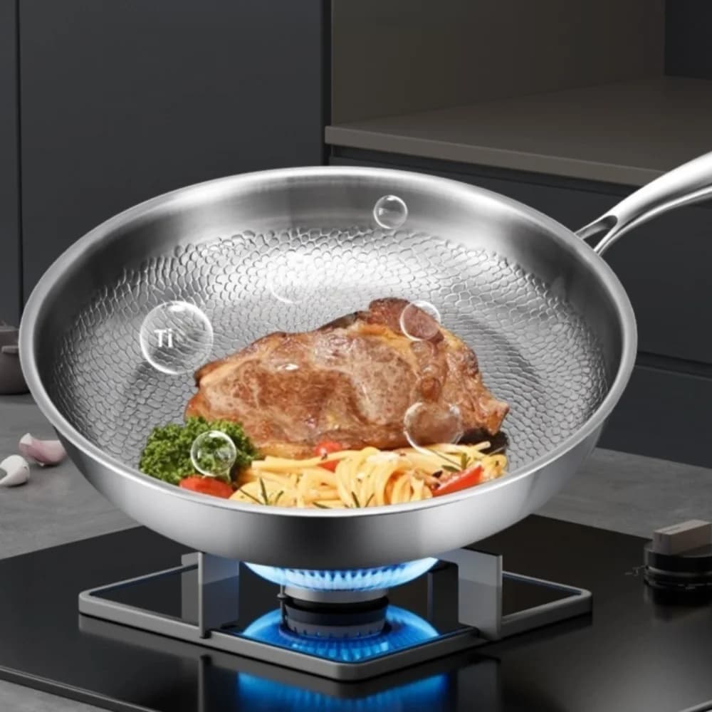 26/28/30/32cm Titanium Frying Pan Uncoated Fish Scale Hammer Pattern Steak Frying Pan Non Stick with Lid Kitchen Cookware