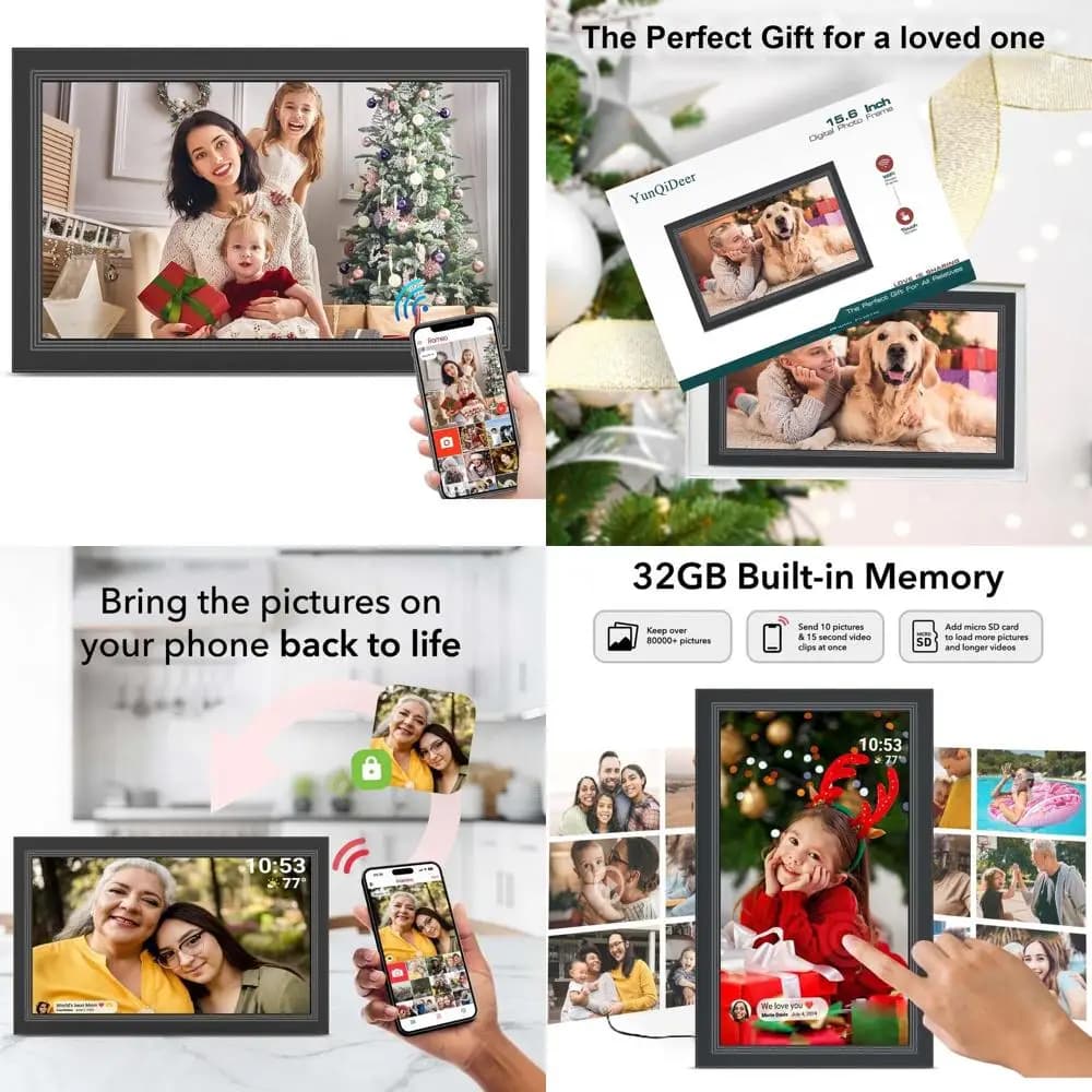 Cornice per foto digitali con touchscreen HD IPS da 15,6, risoluzione 1920x1080, archiviazione da 32 GB, montabile a parete, condivisione multimediale con app Frameo