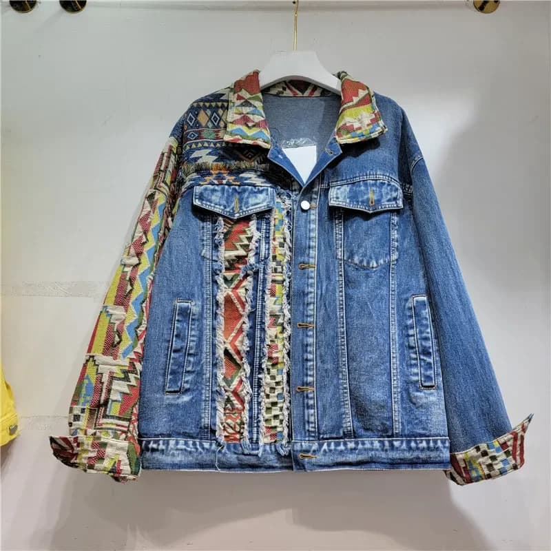 Giacca in denim da donna casual con risvolto e maniche lunghe, stampa scozzese vintage Harajuku autunnale, con orlo sfrangiato e cuciture a contrasto