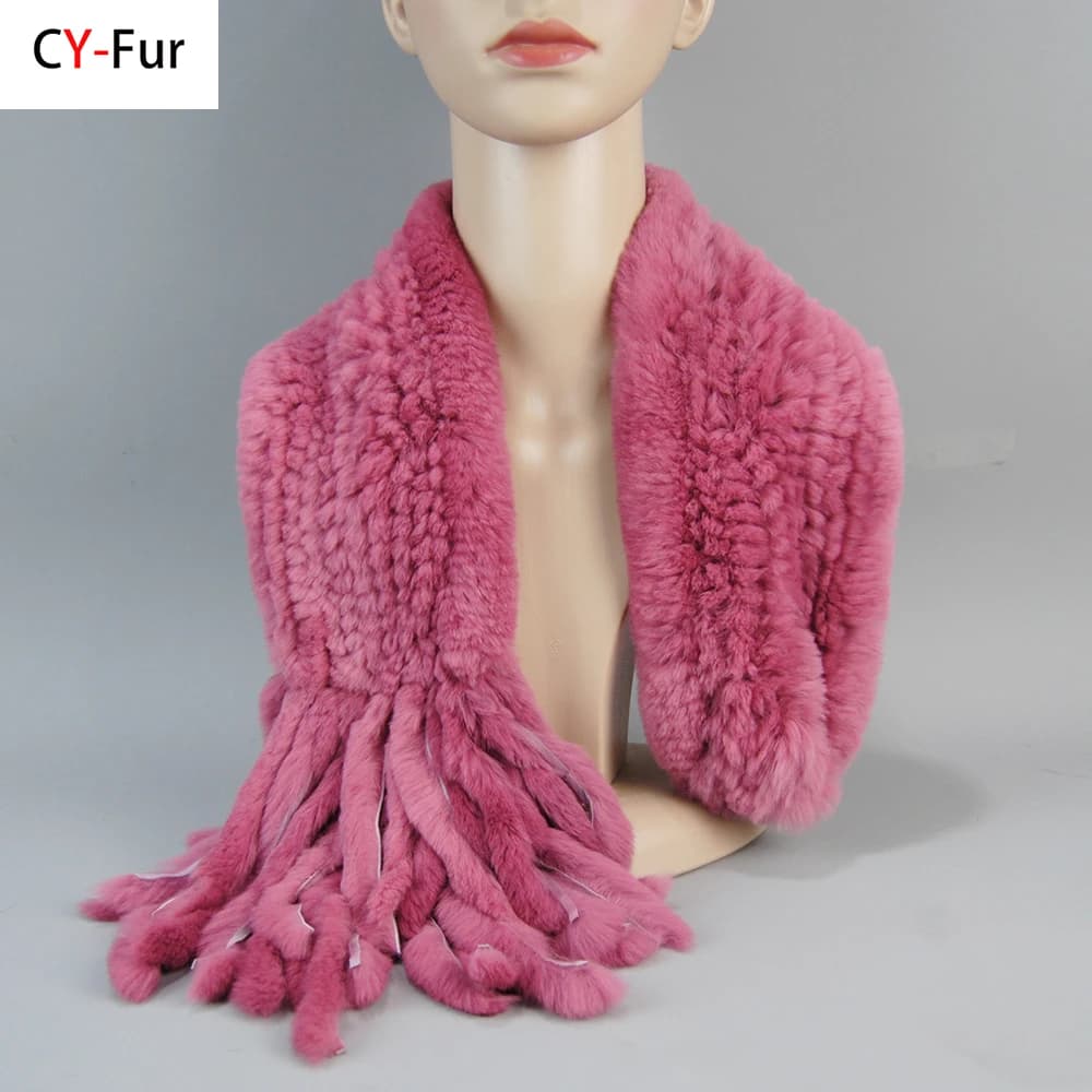 Sciarpa Invernale 2026 in Vera Pelliccia di Coniglio Rex per Donna, Calda e Alla Moda, 100% Naturale con Nappe, Sciarpe in Pelliccia di Coniglio Rex Lavorata a Maglia