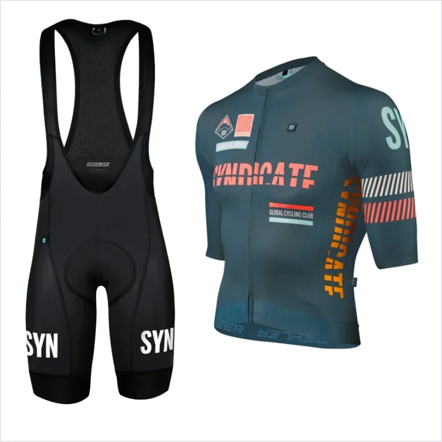 SYN Tuta da ciclismo a maniche corte da uomo verde scuro, kit di abbigliamento da ciclismo, pantaloncini con bretelle e maniche corte