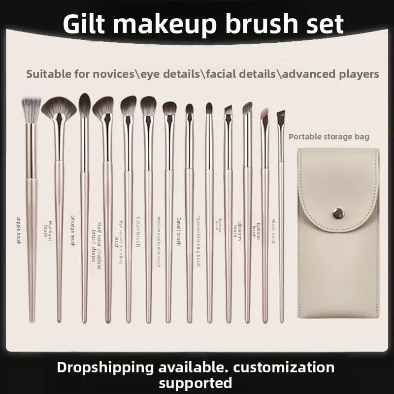 Set di Pennelli da Trucco Dorati 15 Pezzi, Inclusi 13 Pennelli per Ombretto e Fard, Kit Completo Portatile da Cangzhou, Ottimo per l'Uso Quotidiano