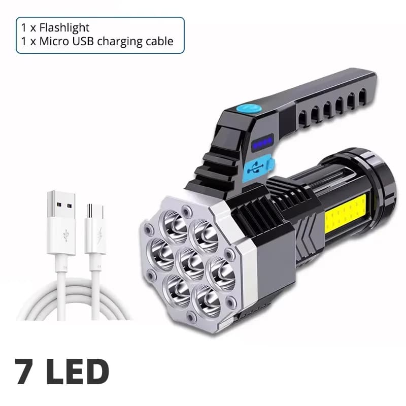 High Power Rechargeable LED Flashlight 7 LED Camping Flashlight with Side Light Cob Light Light Outdoor Light ABS Material
