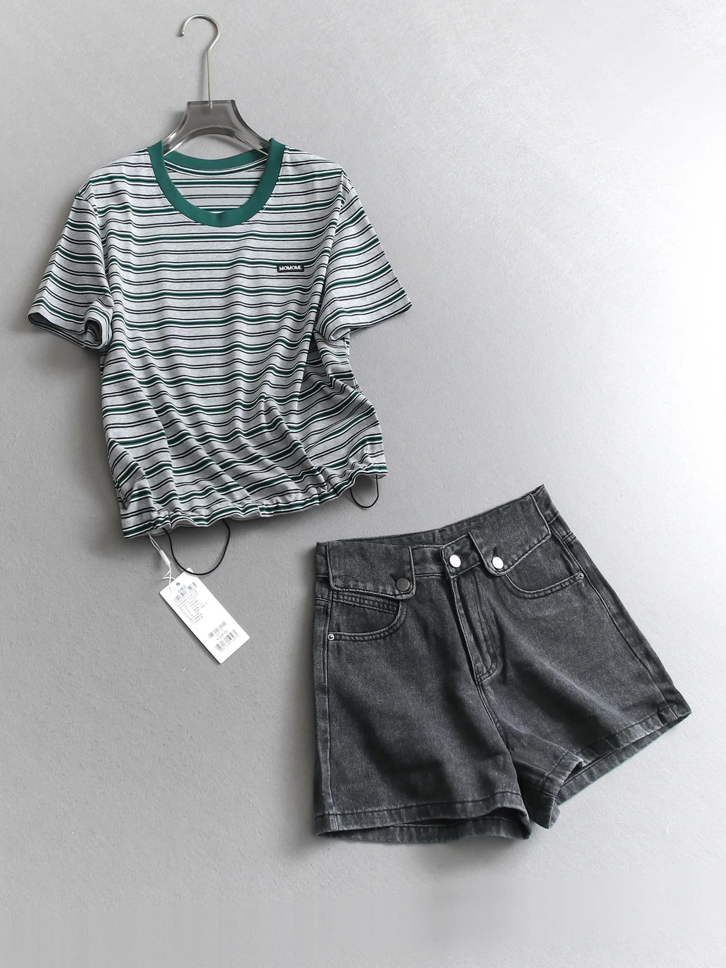High Waist Denim Shorts Women's Set Letter Embroidery Short Sleeve T-Shirt round Neck Striped Drawstring Top Bottom Ensemble