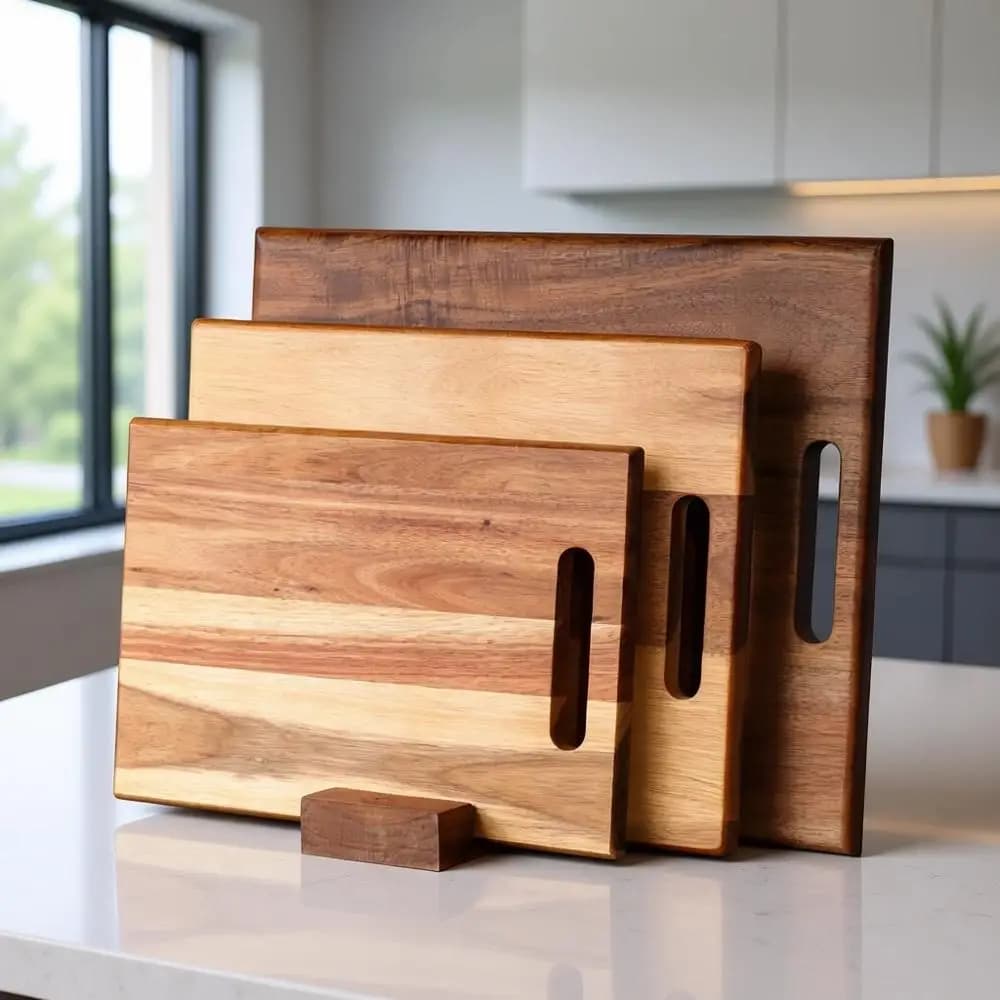 Set of 3 Sizes in Wood with Handle, Mirrors and Resistant for Meat, Fruit, Vegetables and Cheese