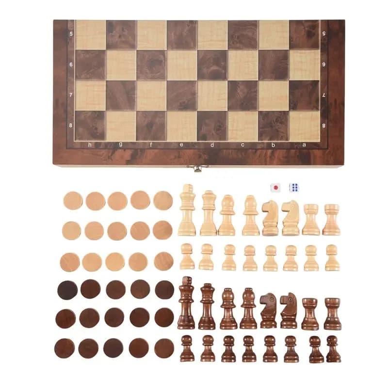 【New User-Coupon!】3 In 1 Wooden International Chess Set Board Travel Games Chess Backgammon Draughts Entertainment