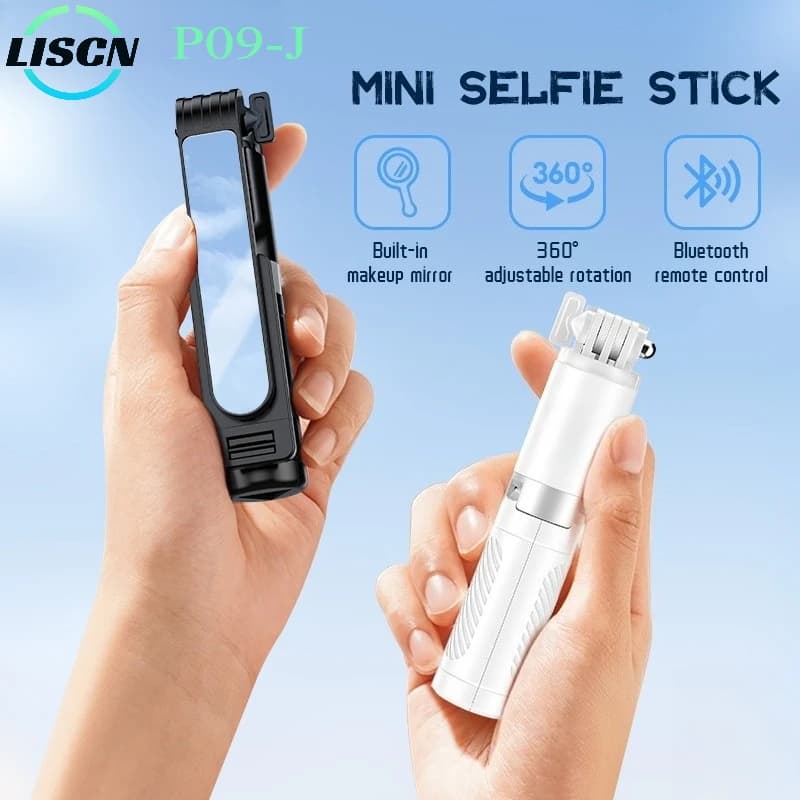 LISCN P09-J Selfie Stick Mini treppiede per telefono con specchio luminoso di riempimento remoto Bluetooth per monopiede Vlogging