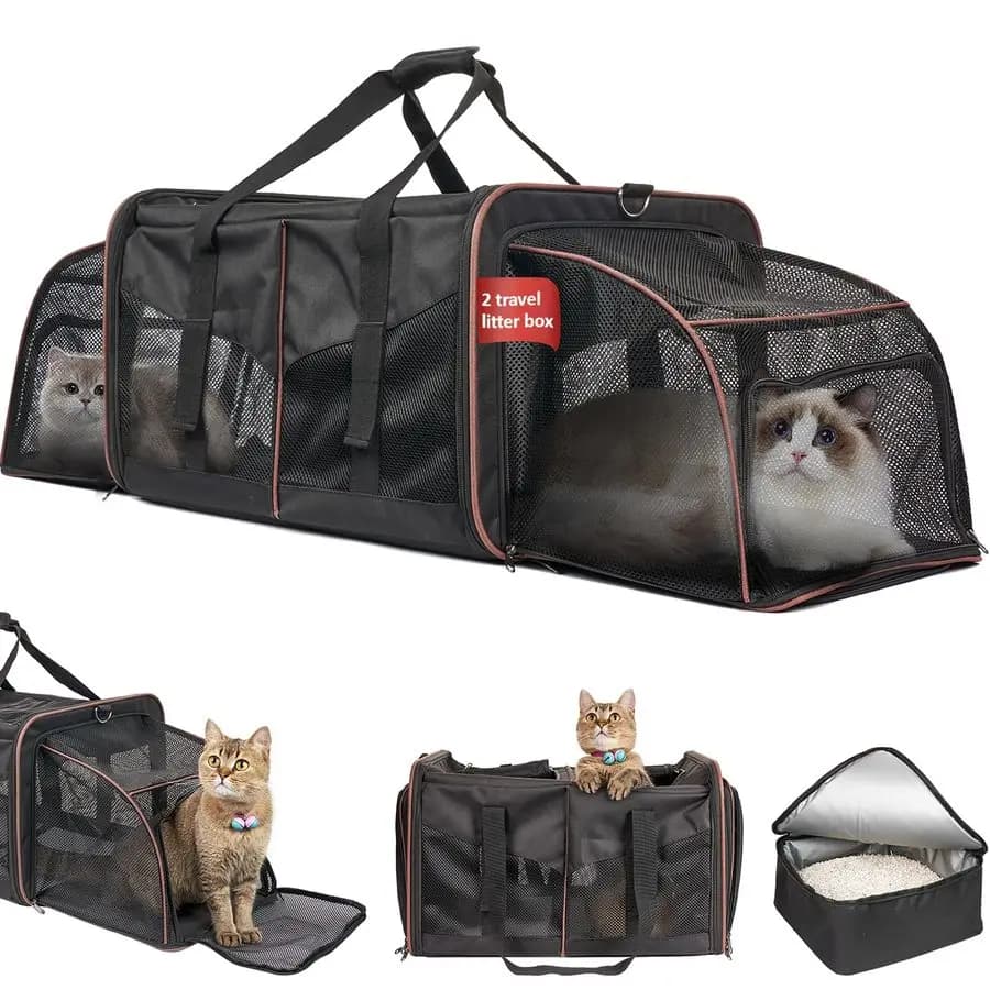 Trasportino per 2 gatti, trasportino per gatti di grandi dimensioni con lettiera, borsa da viaggio portatile per gatti doppio per viaggiare, auto da viaggio per gatti doppia