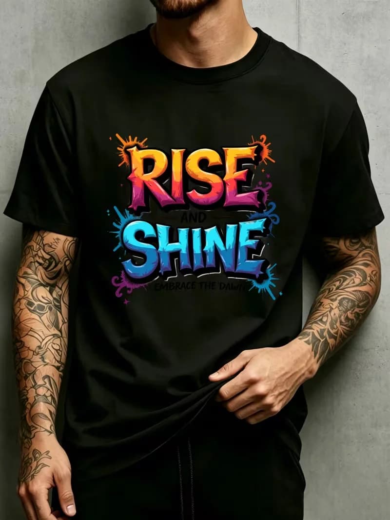 Rise and Shine Graphic Design Mens Crewneck T-Shirt Fit Fashion Versatile Soft Daily Wear and Holiday Gifts Effects Perfect