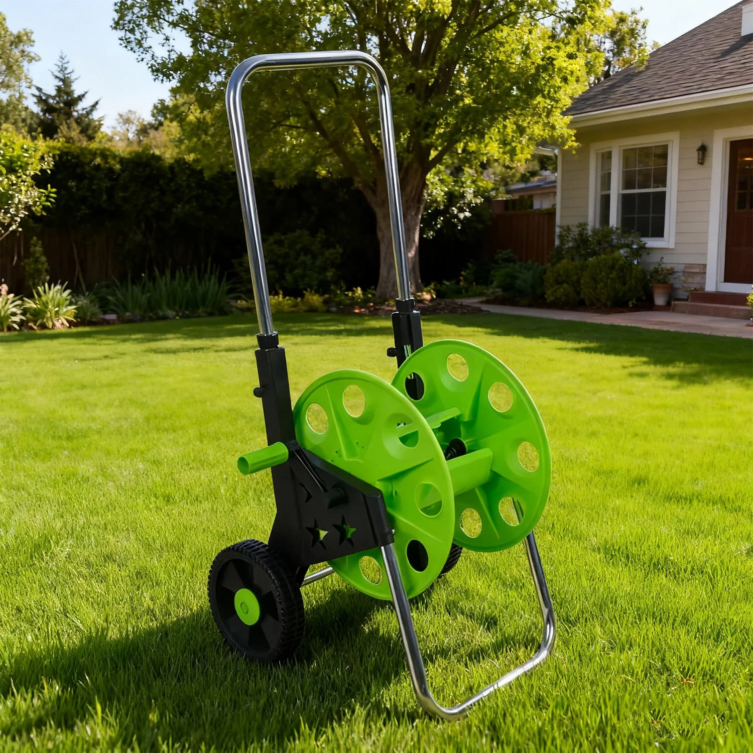 Carrello Porta Tubo da Giardino in Plastica con Due Ruote, per Tubi Fino a 60m, Retrattile