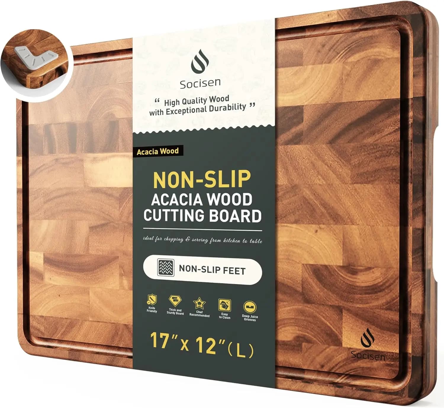 Tagliere in Legno di Acacia con Fondo Antiscivolo, Scanalatura per Succhi e Manico - Robusto Tagliere a Scacchi in Confezione Regalo