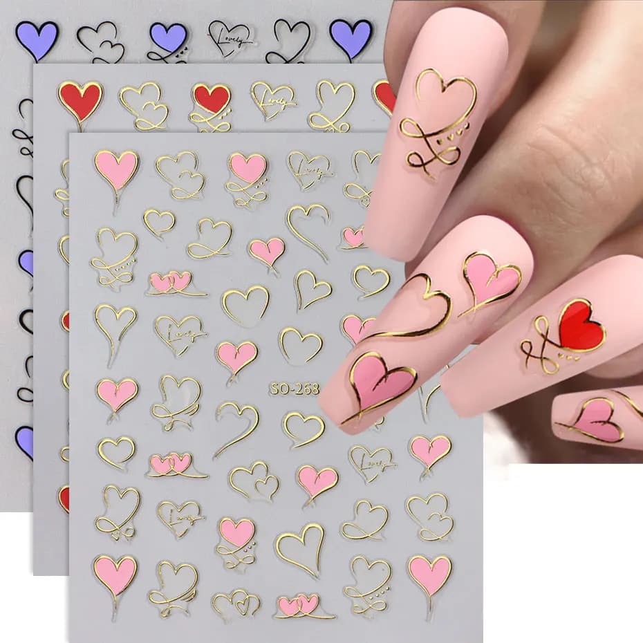 3 pz Y2K Oro Onda Linea Cuore Decalcomanie 3D Rosso Rosa D'oro Amore Design Adesivi Per Unghie Adesivo San Valentino Dolce Nail Manicure Slider