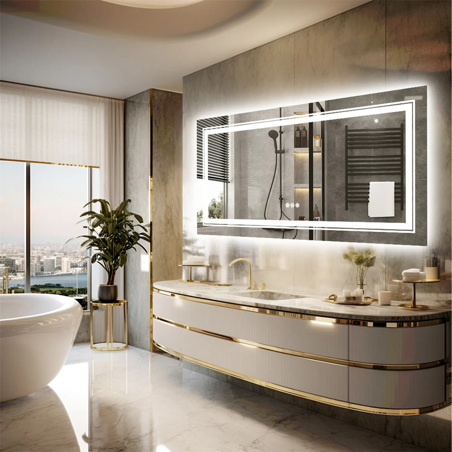 Specchio da Bagno a Parete per Trucco, Rettangolare, Antiappannamento, con Luce LED Dimmerabile