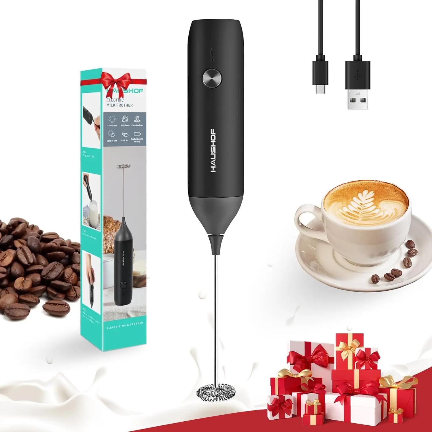 Rechargeable Milk Frother Wand, Handheld Electric Foam Maker, USB-C, 11000 RPM, Stainless Steel Whisk for Coffee Latte, Cappuccino, Matcha, Black