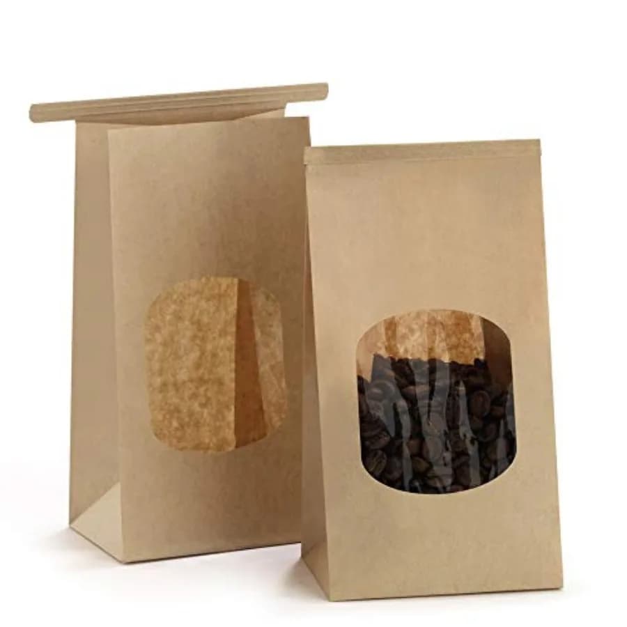Small Bakery Bags with Window 50Pcs 3.54x2.36x6.7 Inches Window Tin Tie Tab Lock Kraft Brown Paper Bags for Coffee Bean, Cookie